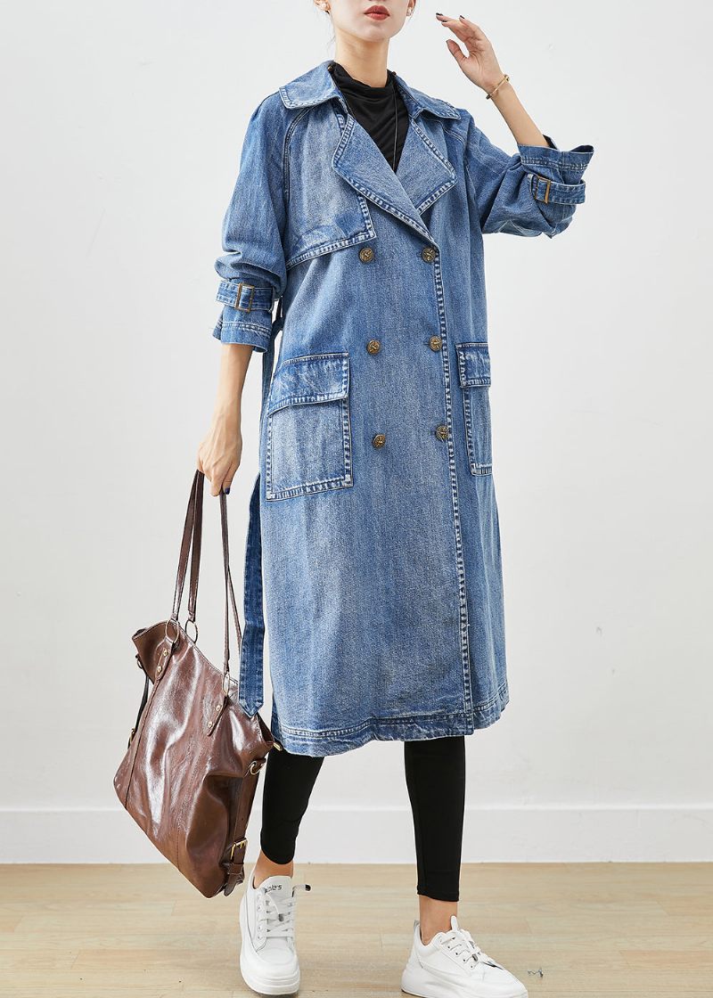 Fransk Blå Dobbelt Bryst Tie Talje Denim Trench Fall - Dame trenchcoats