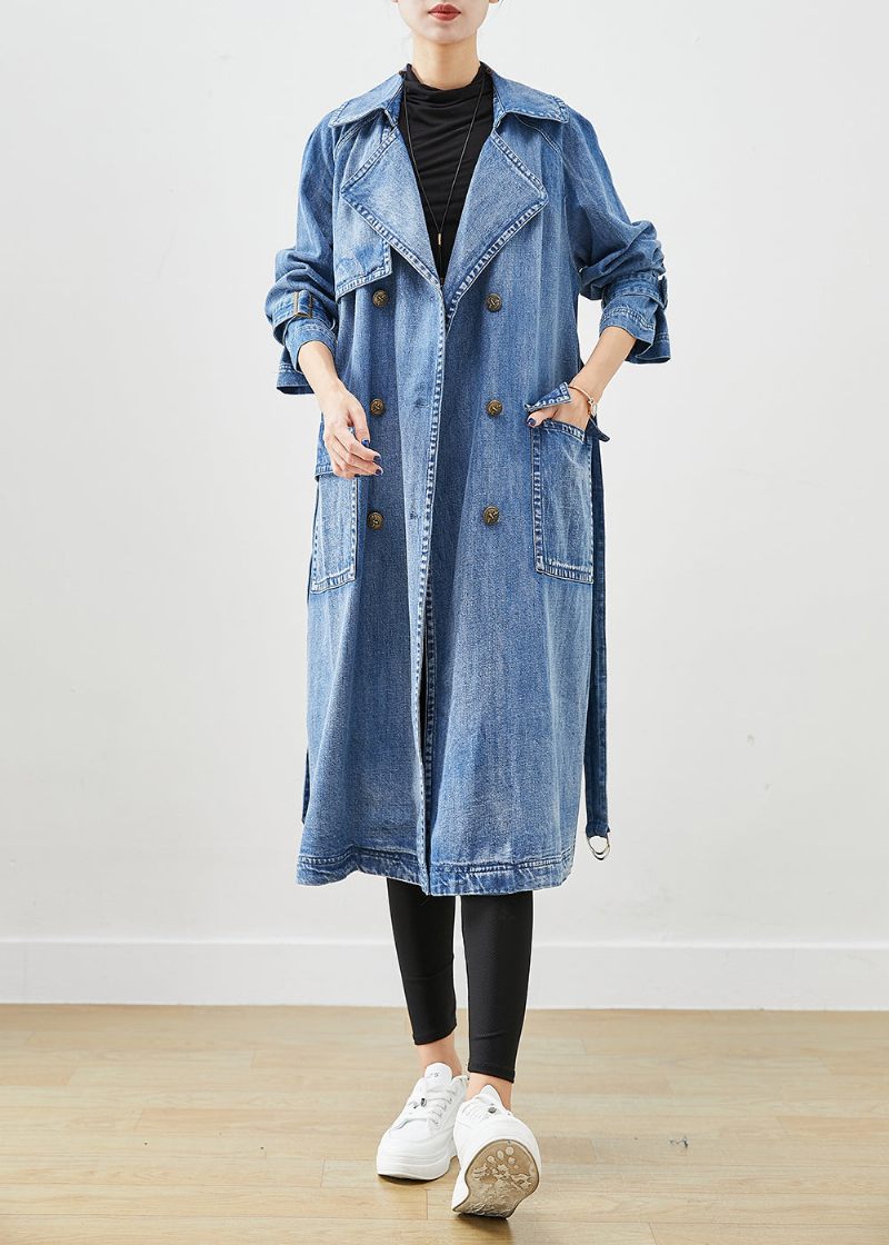 Fransk Blå Dobbelt Bryst Tie Talje Denim Trench Fall - Dame trenchcoats