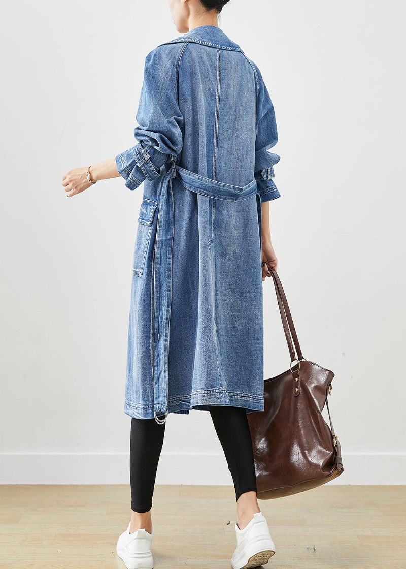 Fransk Blå Dobbelt Bryst Tie Talje Denim Trench Fall - Dame trenchcoats