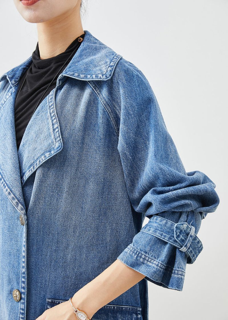 Fransk Blå Dobbelt Bryst Tie Talje Denim Trench Fall - Dame trenchcoats