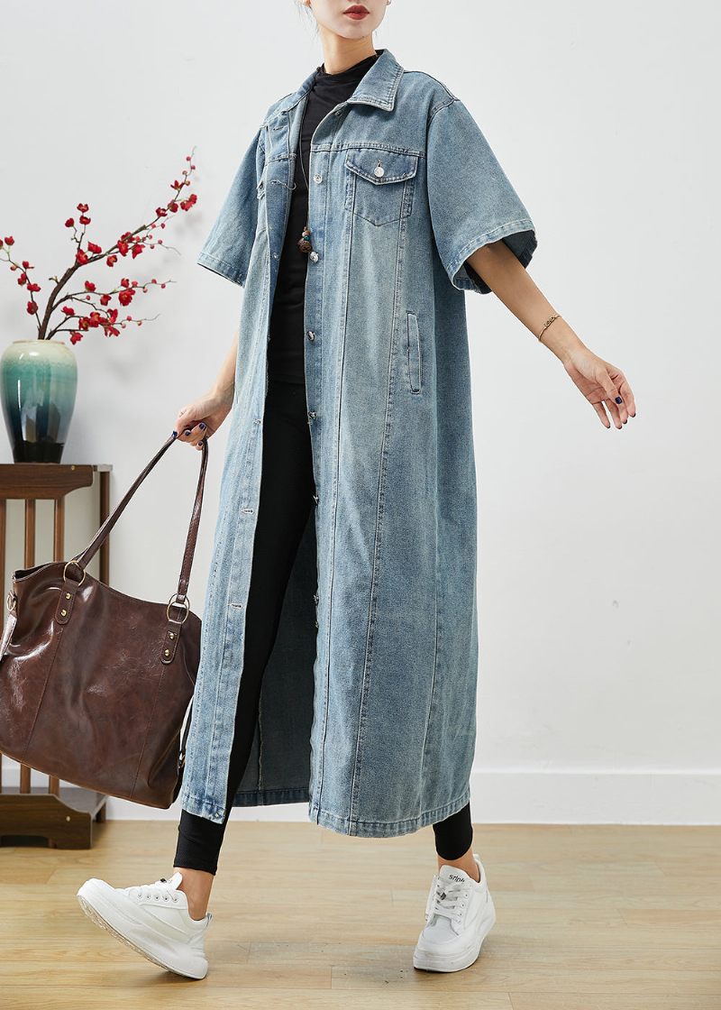 Fransk Denim Blå Oversized Lommer Bomuld Trench Kortærmet