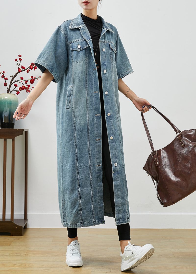 Fransk Denim Blå Oversized Lommer Bomuld Trench Kortærmet - Dame trenchcoats