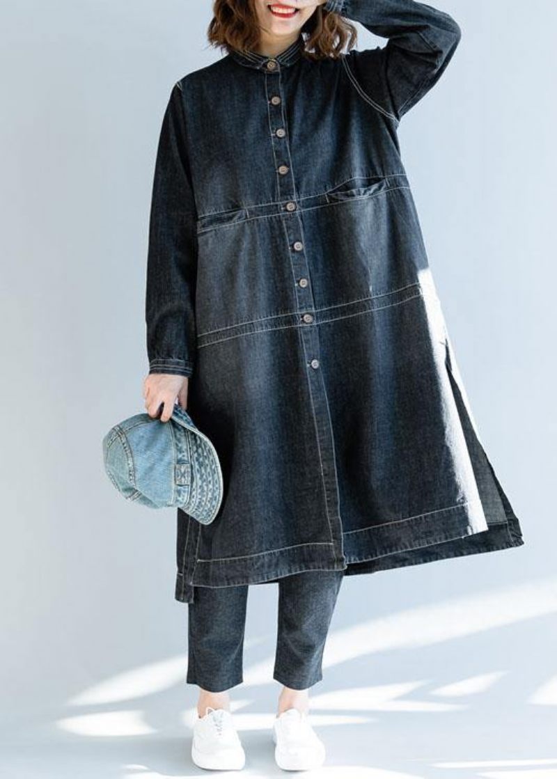 Fransk Denim Sort Mode Lange Frakker Work Outfits Side Åben Efterår Kvinder