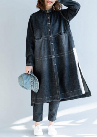 Fransk Denim Sort Mode Lange Frakker Work Outfits Side Åben Efterår Kvinder