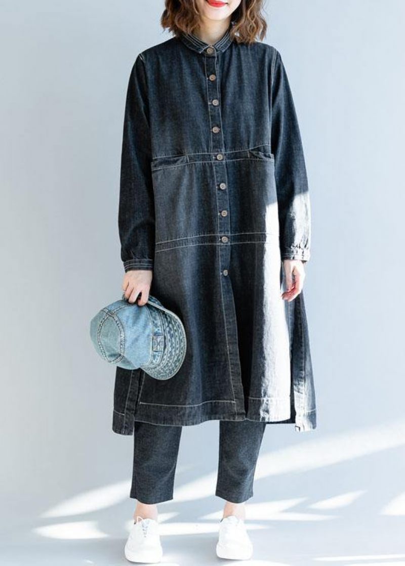 Fransk Denim Sort Mode Lange Frakker Work Outfits Side Åben Efterår Kvinder - Denim Sort