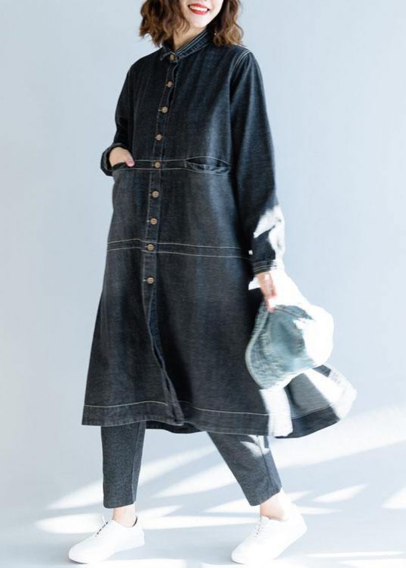 Fransk Denim Sort Mode Lange Frakker Work Outfits Side Åben Efterår Kvinder - Denim Sort