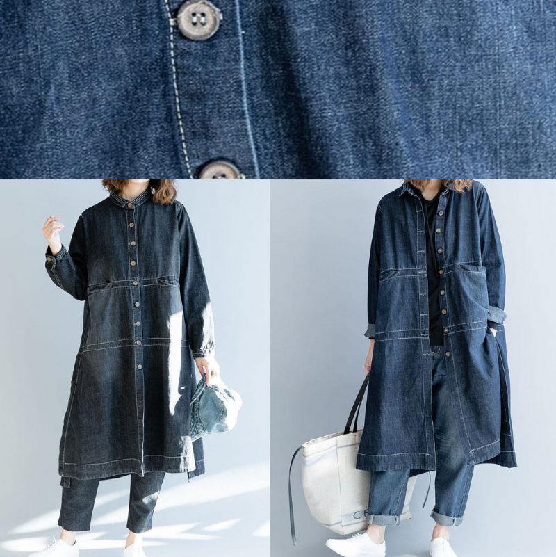 Fransk Denim Sort Mode Lange Frakker Work Outfits Side Åben Efterår Kvinder - Denim Sort