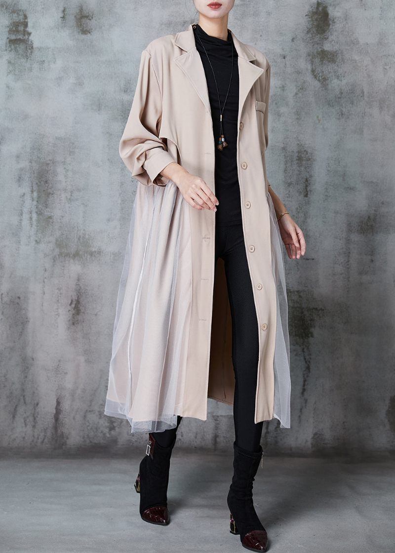 Fransk Khaki Halskrave Patchwork Tulle Bomuld Trench Kjole Spring