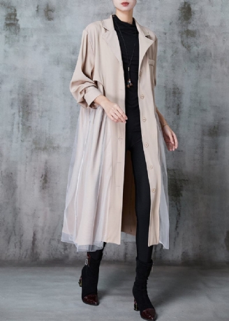 Fransk Khaki Halskrave Patchwork Tulle Bomuld Trench Kjole Spring