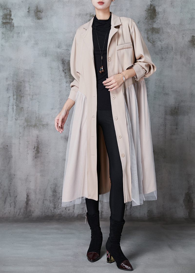 Fransk Khaki Halskrave Patchwork Tulle Bomuld Trench Kjole Spring - Dame trenchcoats