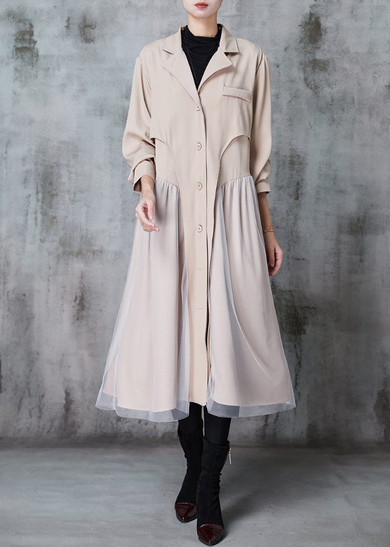 Fransk Khaki Halskrave Patchwork Tulle Bomuld Trench Kjole Spring - Dame trenchcoats