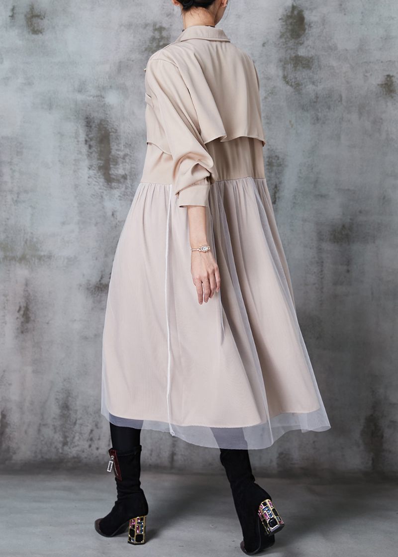 Fransk Khaki Halskrave Patchwork Tulle Bomuld Trench Kjole Spring - Dame trenchcoats