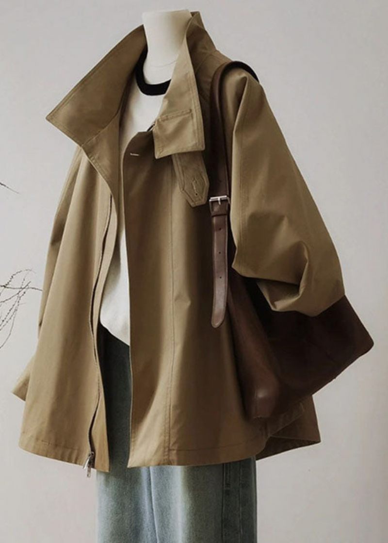 Fransk Khaki Peter Pan Krave Lynlås Patchwork Trench Coats Langærmet - Dame trenchcoats