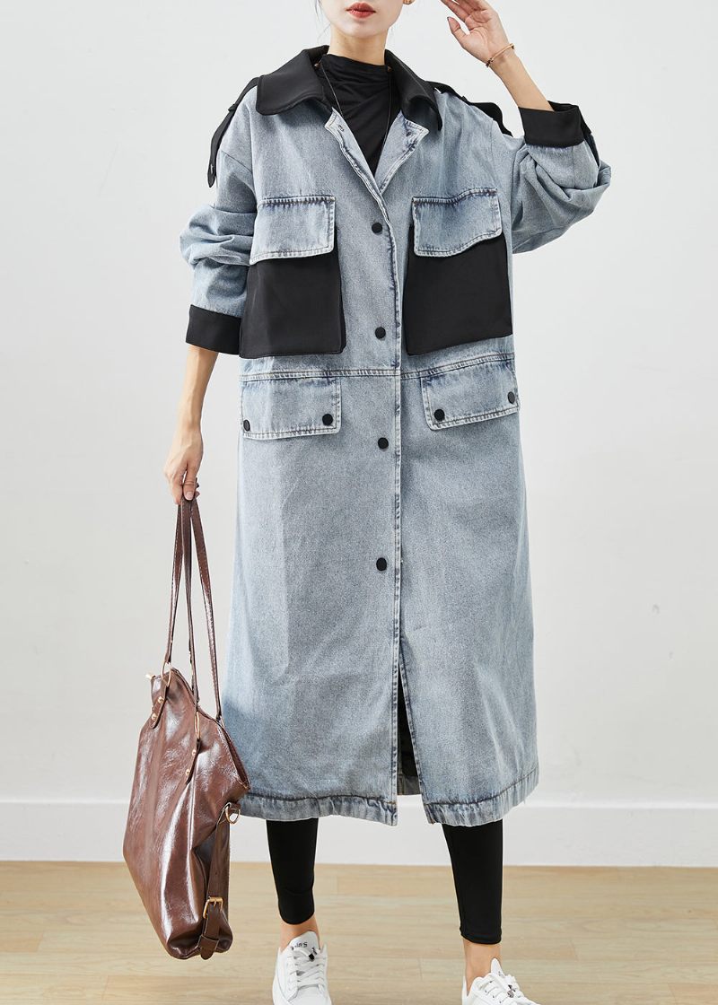 Fransk Lyseblå Peter Pan Krave Patchwork Lommer Denim Frakker Efterår - Dame trenchcoats