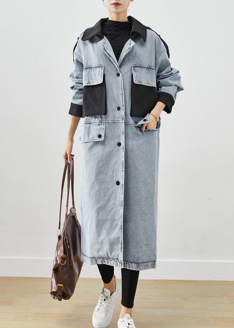 Fransk Lyseblå Peter Pan Krave Patchwork Lommer Denim Frakker Efterår - Dame trenchcoats