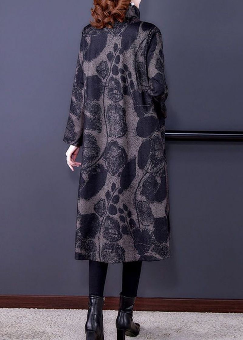 Fransk Mørkegrå Print Lommer Patchwork Bomuld Lang Trench Coat Efterår - Dame trenchcoats