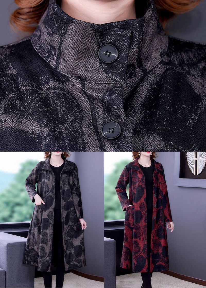 Fransk Mørkegrå Print Lommer Patchwork Bomuld Lang Trench Coat Efterår - Dame trenchcoats