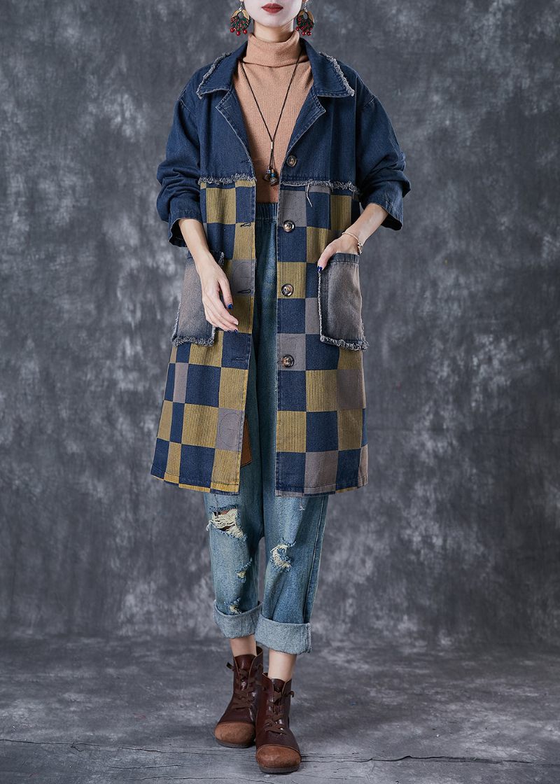 Fransk Navy Oversized Patchwork Plaid Denim Frakker Efterår