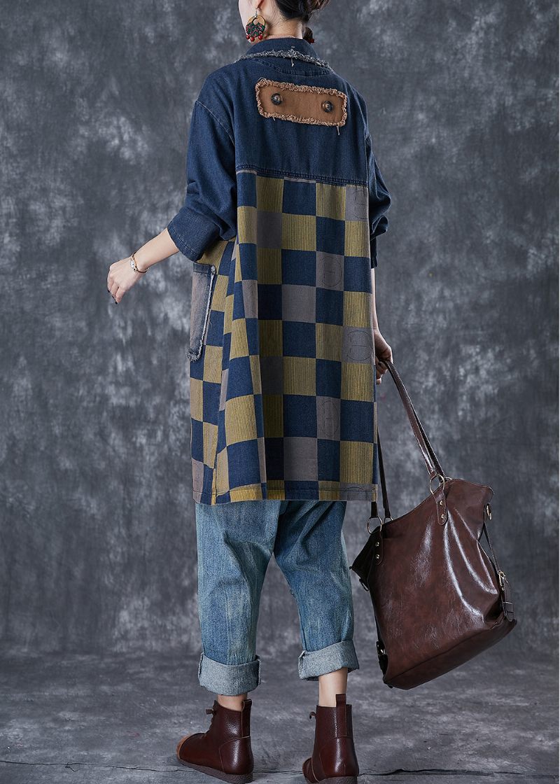 Fransk Navy Oversized Patchwork Plaid Denim Frakker Efterår - Dame trenchcoats