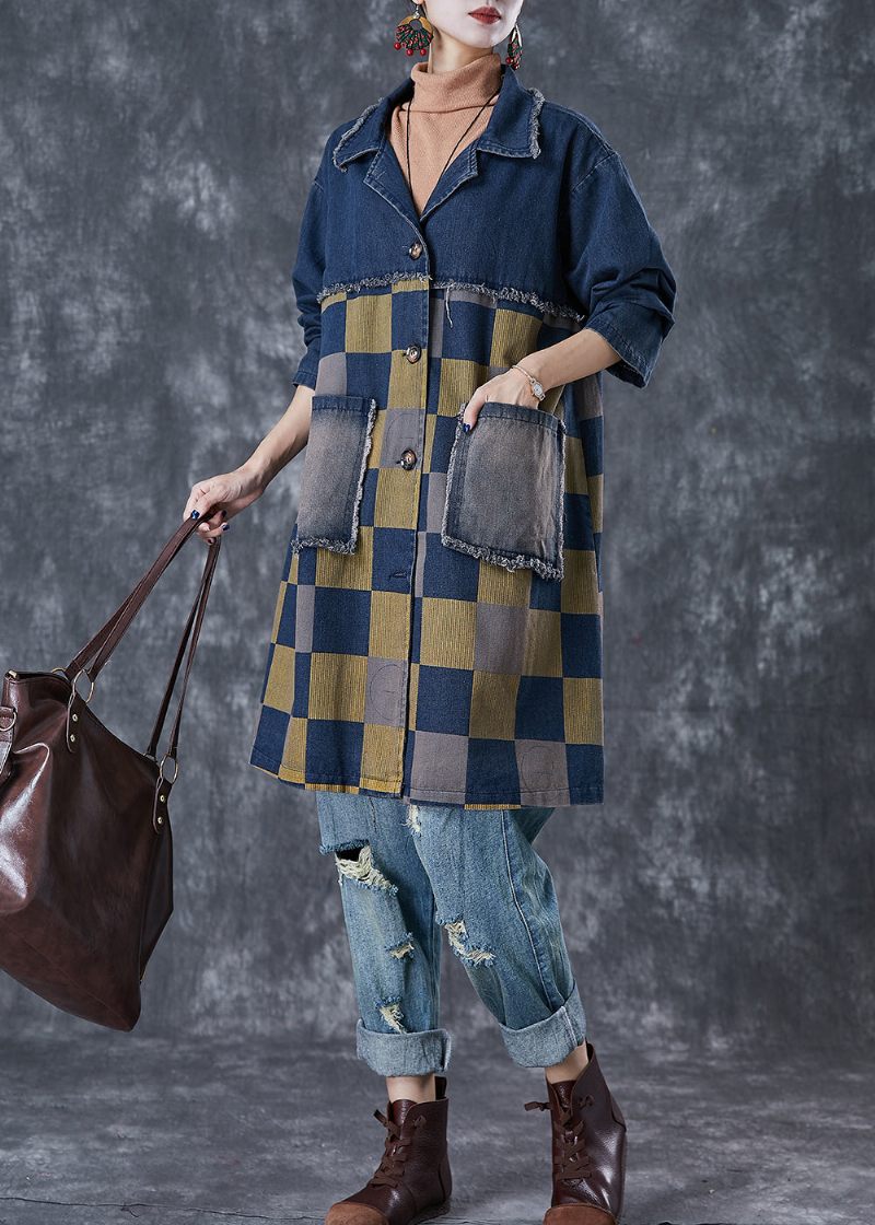 Fransk Navy Oversized Patchwork Plaid Denim Frakker Efterår - Dame trenchcoats