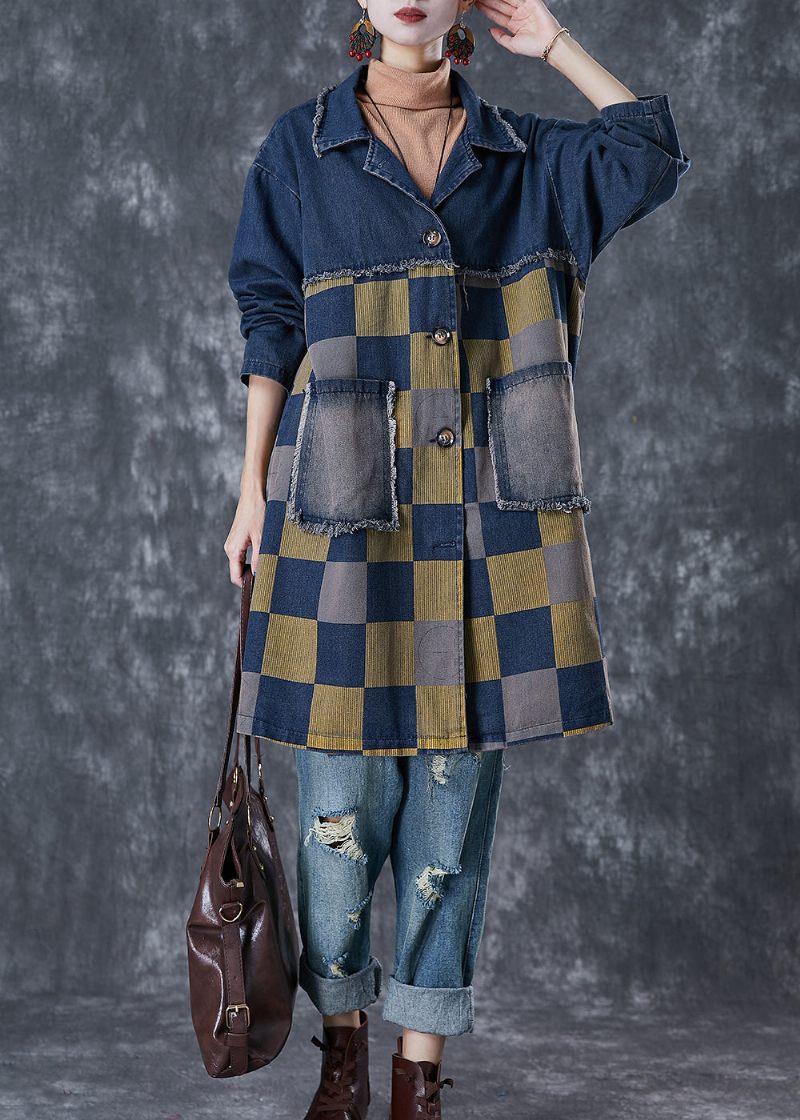 Fransk Navy Oversized Patchwork Plaid Denim Frakker Efterår - Dame trenchcoats