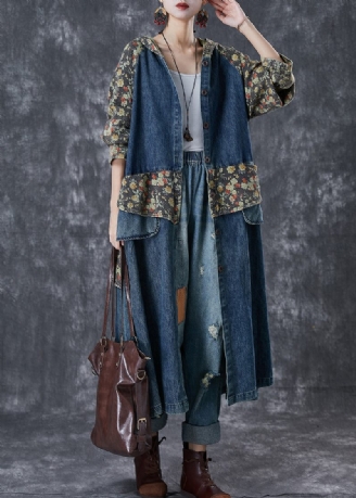 Fransk Navy Oversized Patchwork Print Denim Trench Coats Efterår