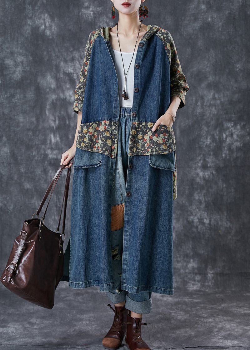 Fransk Navy Oversized Patchwork Print Denim Trench Coats Efterår - Dame trenchcoats