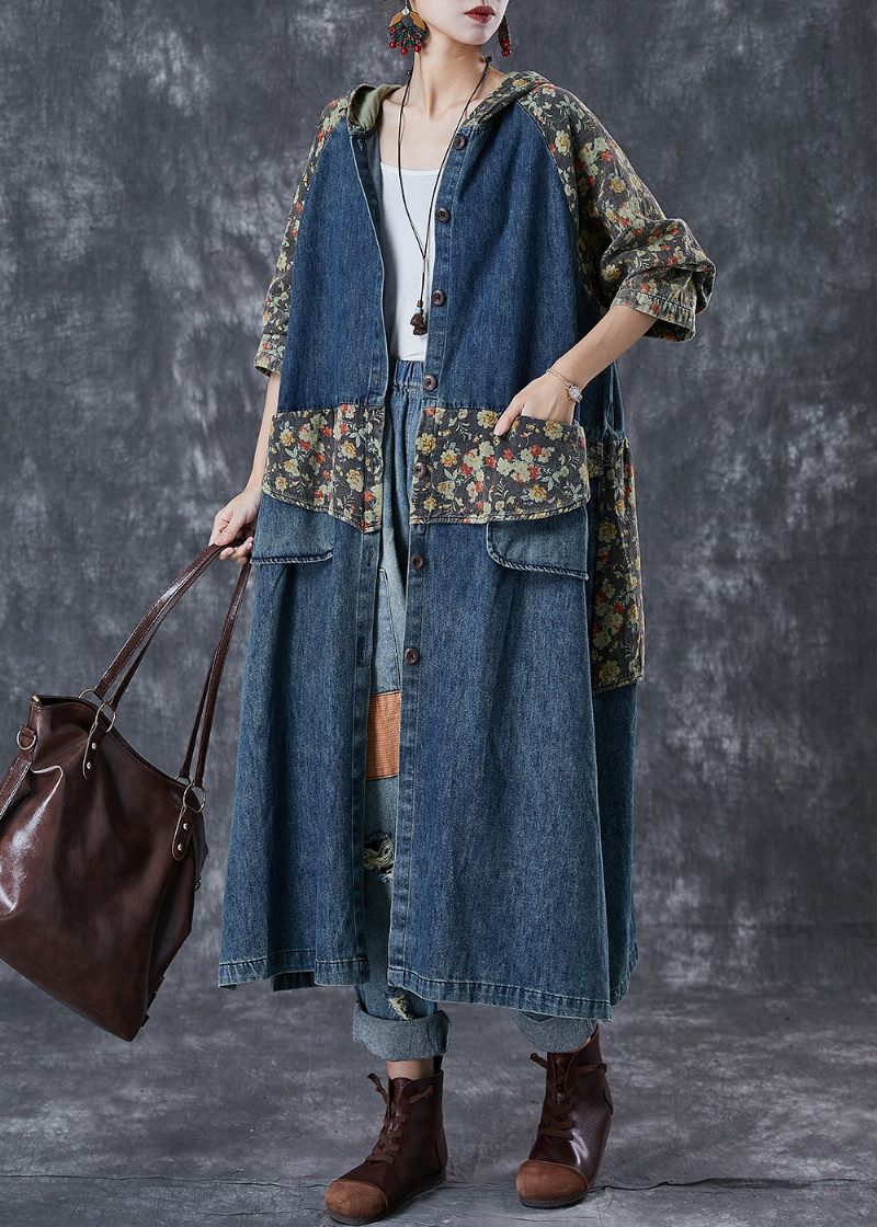 Fransk Navy Oversized Patchwork Print Denim Trench Coats Efterår - Dame trenchcoats