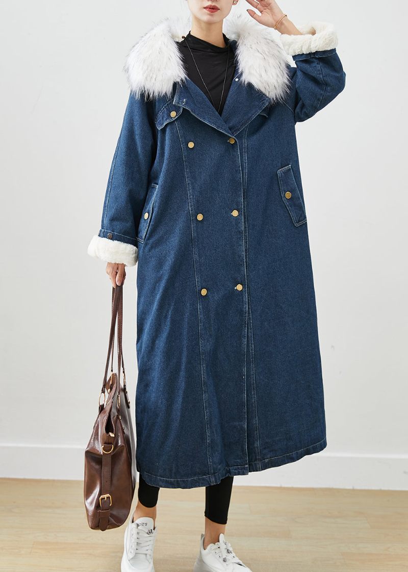 Fransk Navy Pelskrave Tykke Varm Fleece Denim Frakker Efterår - Dame trenchcoats