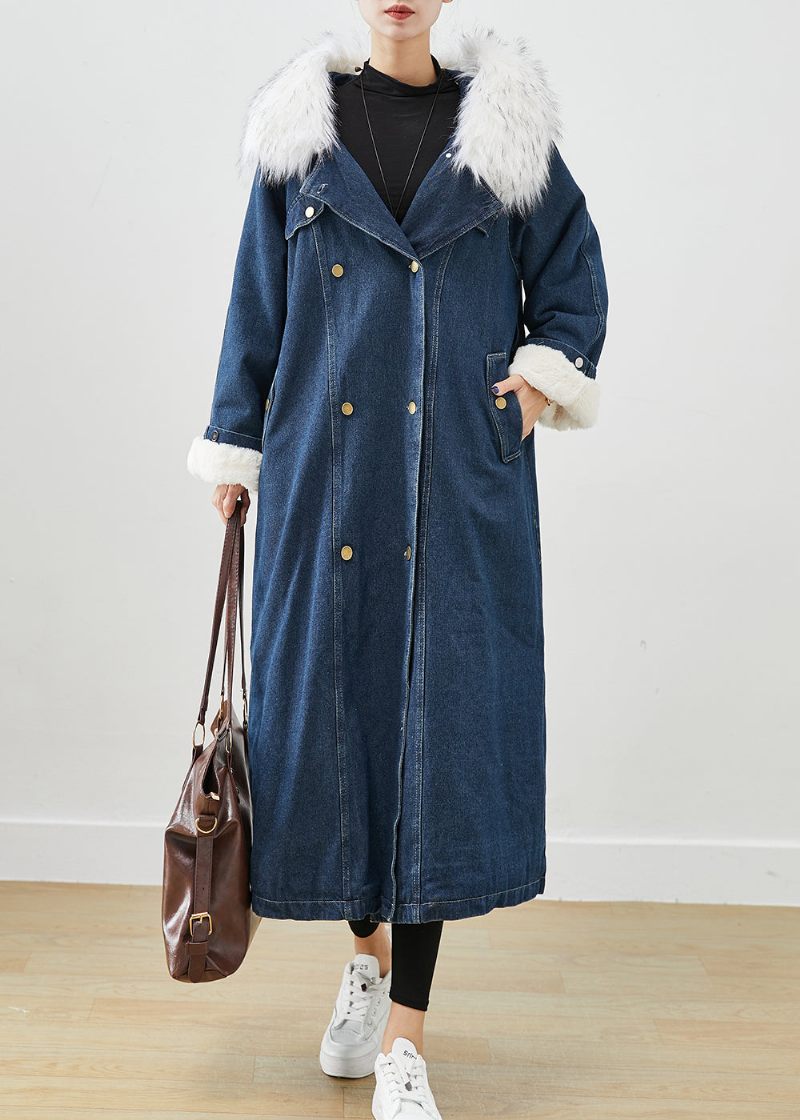 Fransk Navy Pelskrave Tykke Varm Fleece Denim Frakker Efterår - Dame trenchcoats