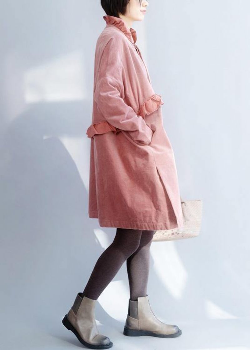 Fransk Pink Fashion Trenchcoat Syning Af Side-åbne Flæser-kravejakker - Pink