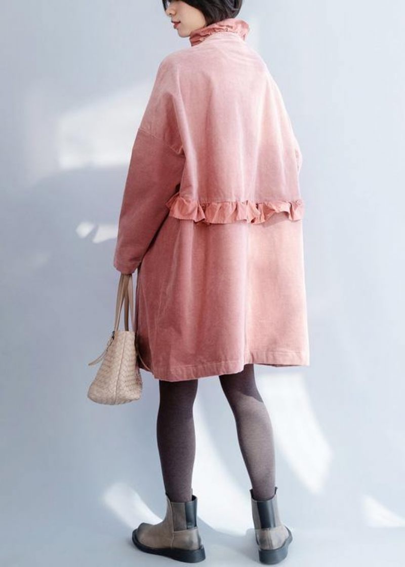 Fransk Pink Fashion Trenchcoat Syning Af Side-åbne Flæser-kravejakker - Pink