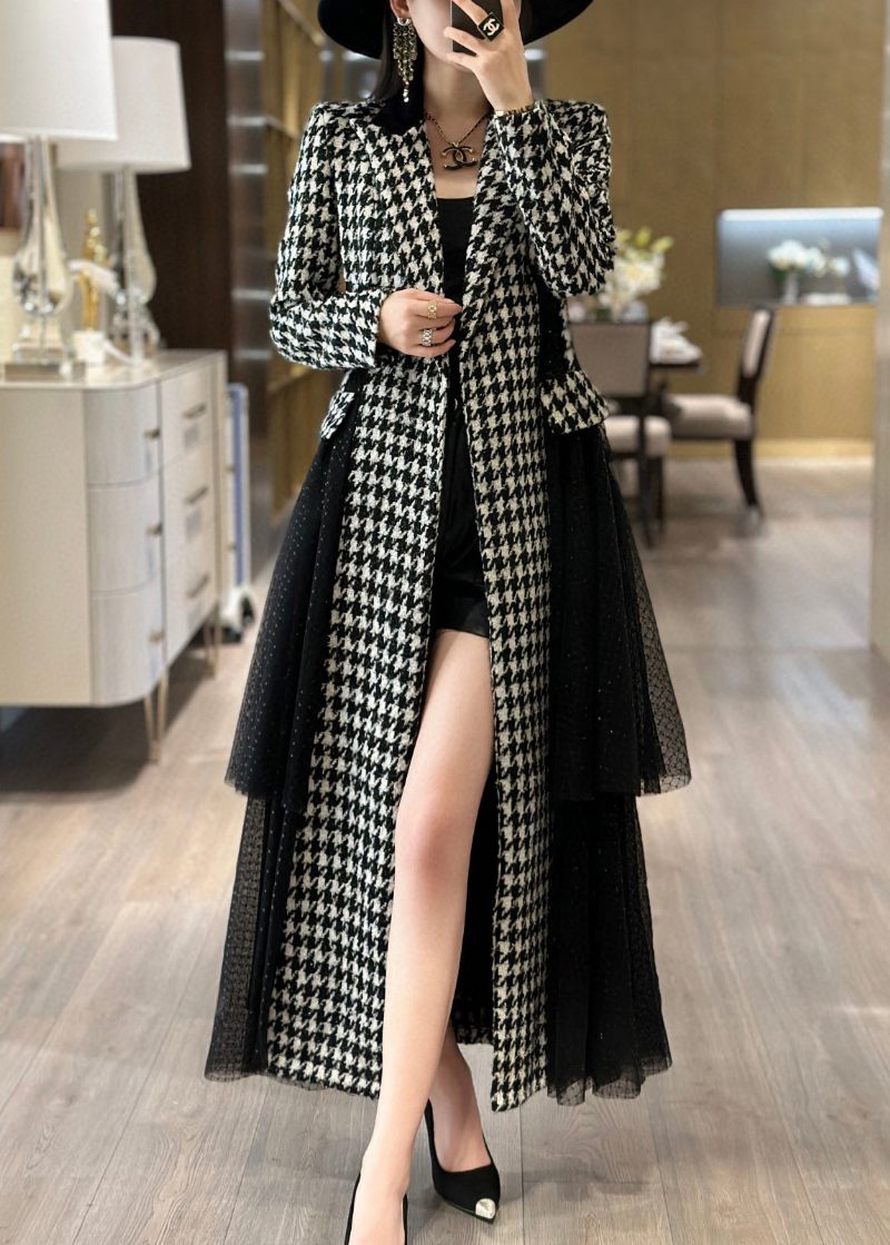 Fransk Plaid Tie Talje Tulle Patchwork Lang Trench Coat Efterår - Dame trenchcoats