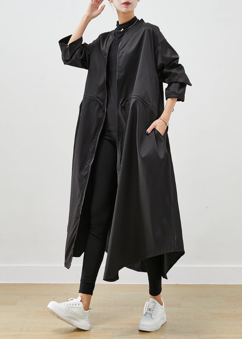 Fransk Sort Overdimensioneret Snoretræk Spandex Trench Fall - Dame trenchcoats