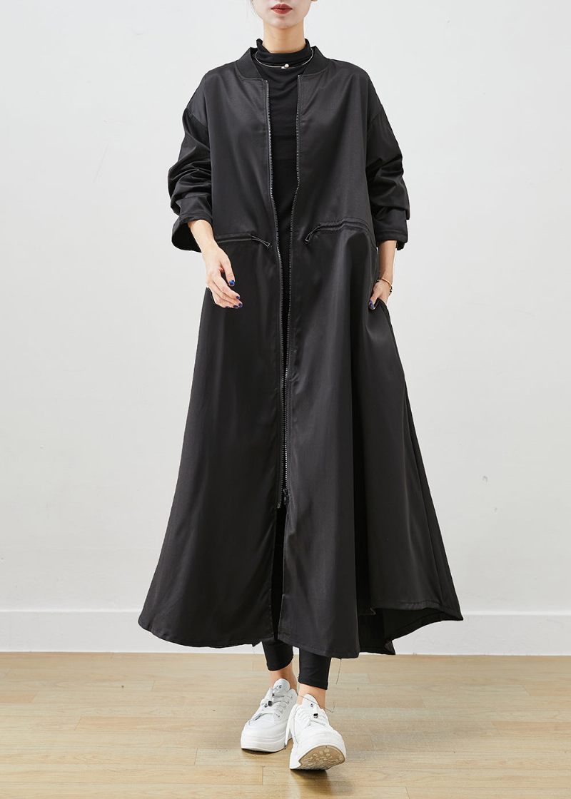 Fransk Sort Overdimensioneret Snoretræk Spandex Trench Fall - Dame trenchcoats