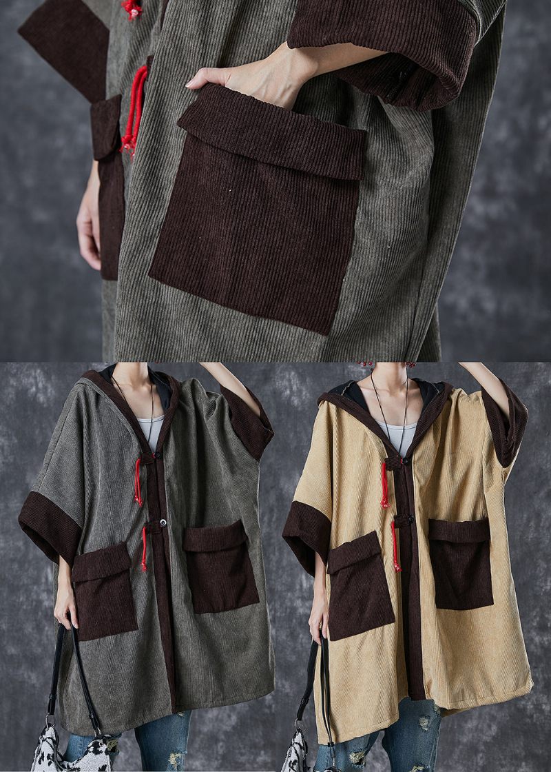 Franske Khaki Hættelommer Patchwork Varm Fleece Trench Spring - Dame trenchcoats