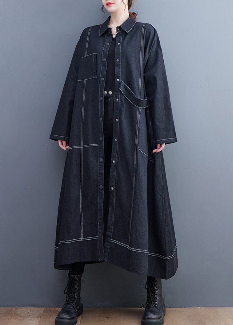 Franske Sorte Knaplommer Denim Lang Trenchcoat Efterår - Dame trenchcoats