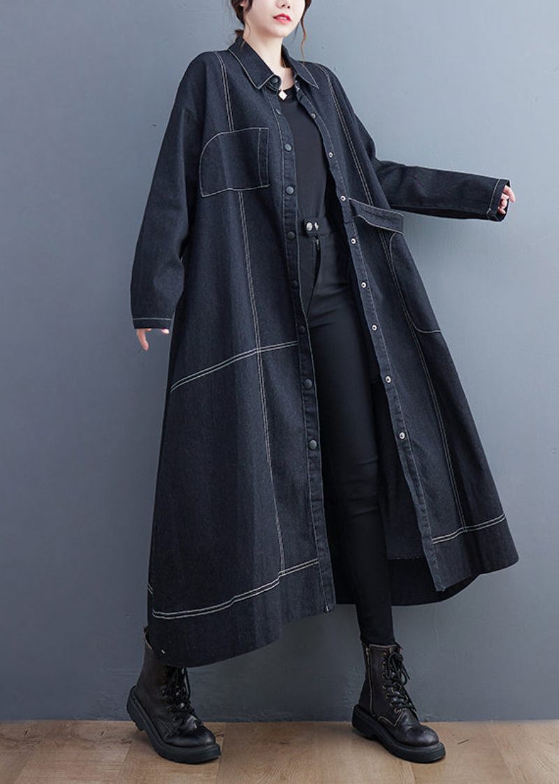 Franske Sorte Knaplommer Denim Lang Trenchcoat Efterår - Dame trenchcoats