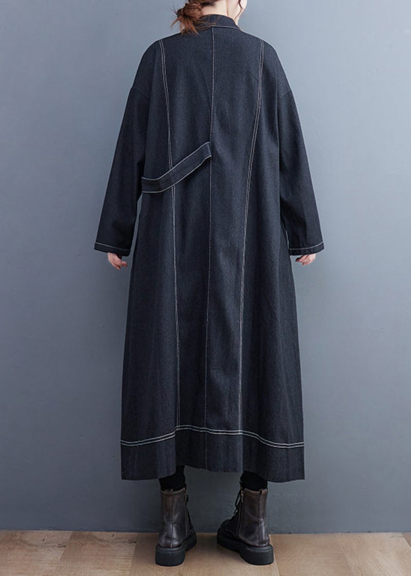 Franske Sorte Knaplommer Denim Lang Trenchcoat Efterår - Dame trenchcoats