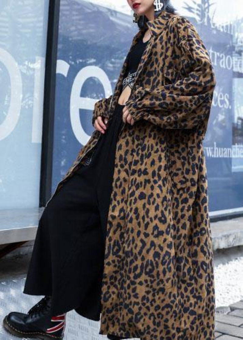 French Leopard Plus Size Trenchcoat Gaver Efterårsfrakke Med Lynlås - Sort