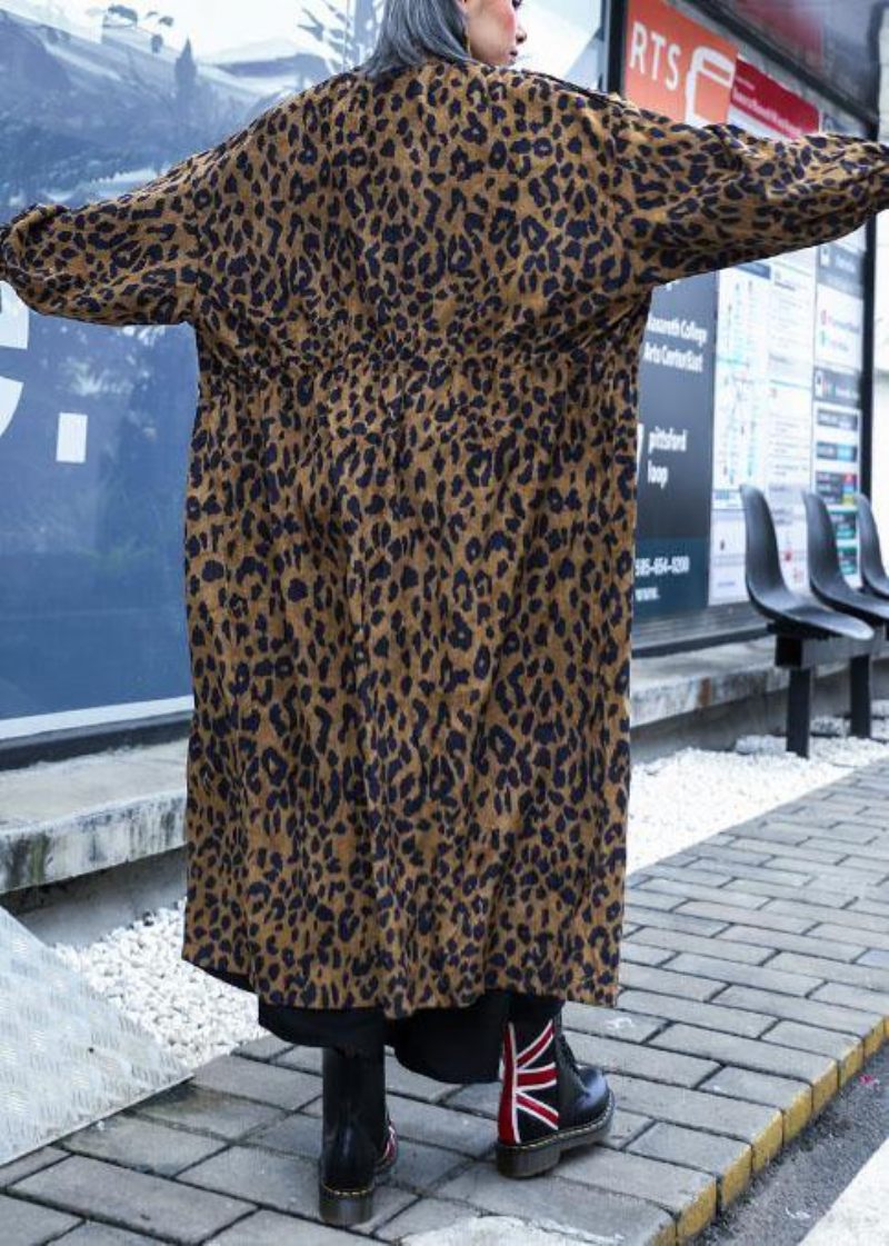 French Leopard Plus Size Trenchcoat Gaver Efterårsfrakke Med Lynlås - Sort