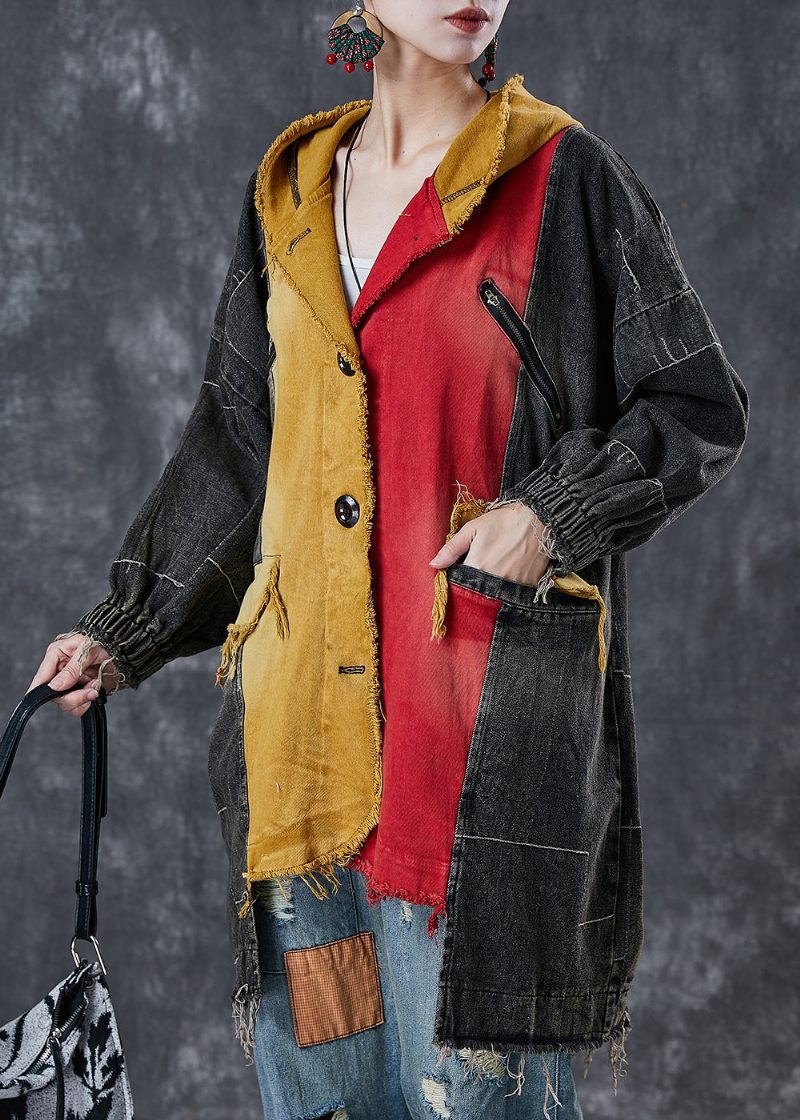 Gør Det Selv Colorblock Asymmetrisk Patchwork Denim Coat Outwear Spring - Dame trenchcoats