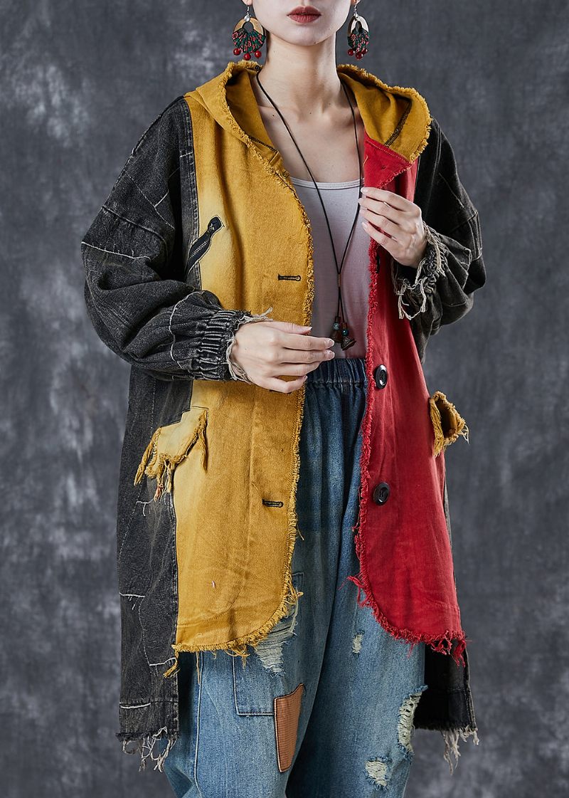 Gør Det Selv Colorblock Asymmetrisk Patchwork Denim Coat Outwear Spring - Dame trenchcoats