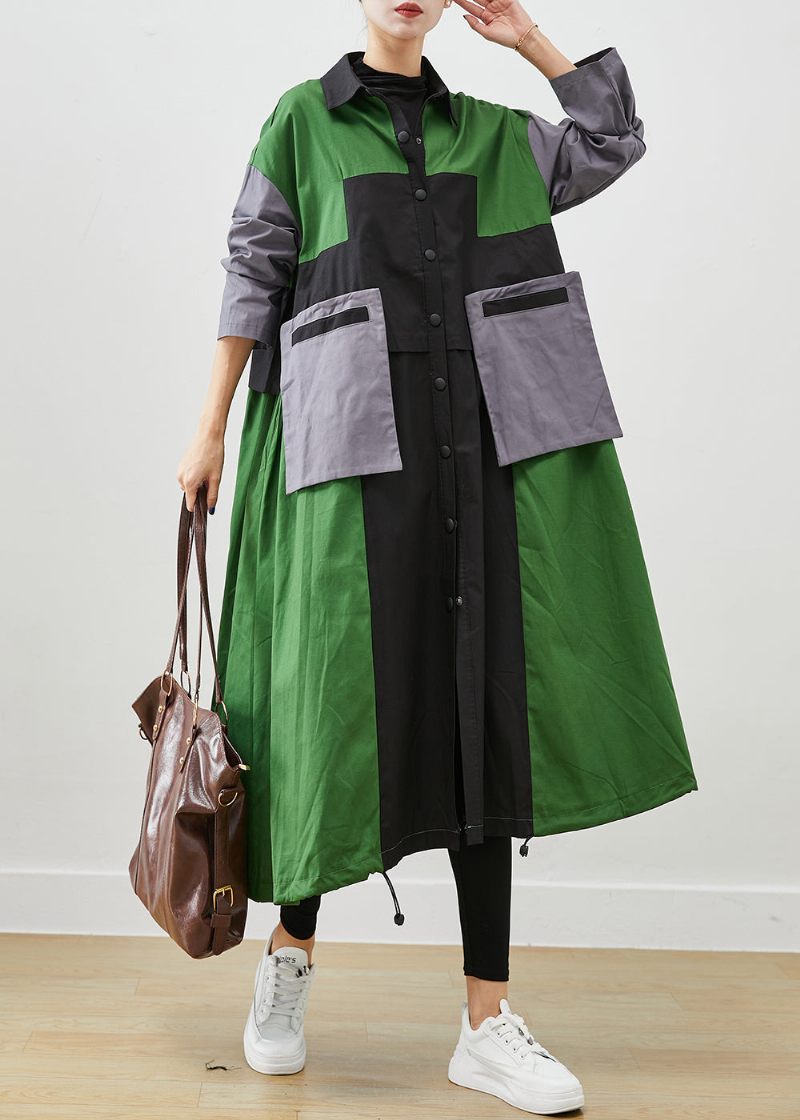 Gør-det-selv Grønne Oversized Patchwork Lommer Bomuld Frakker Efterår - Dame trenchcoats