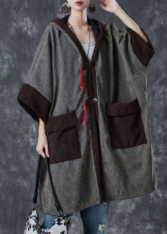 Grå Patchwork Varm Fleece Corduroy Trench Hættelommer Fjeder