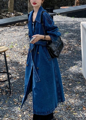 Håndlavede Blå Lommer Tie Talje Patchwork Denim Trench Fall