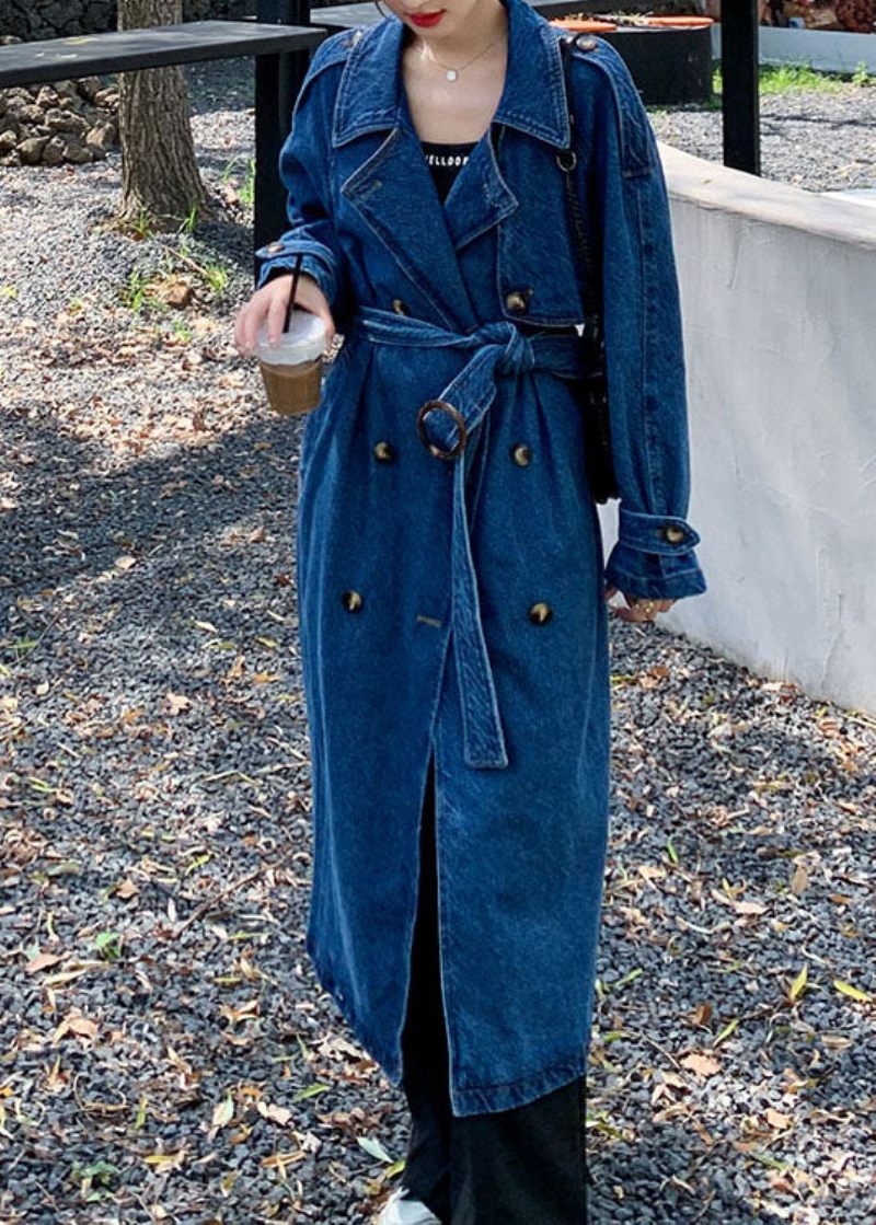 Håndlavede Blå Lommer Tie Talje Patchwork Denim Trench Fall - Dame trenchcoats