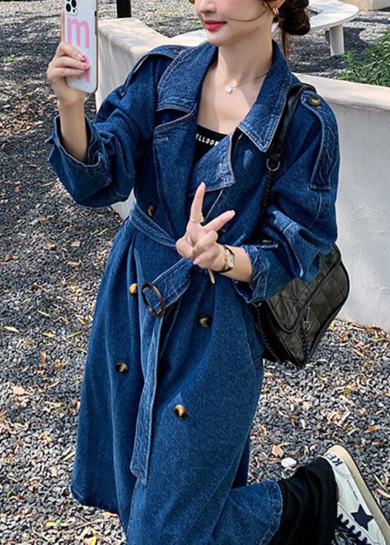 Håndlavede Blå Lommer Tie Talje Patchwork Denim Trench Fall - Dame trenchcoats