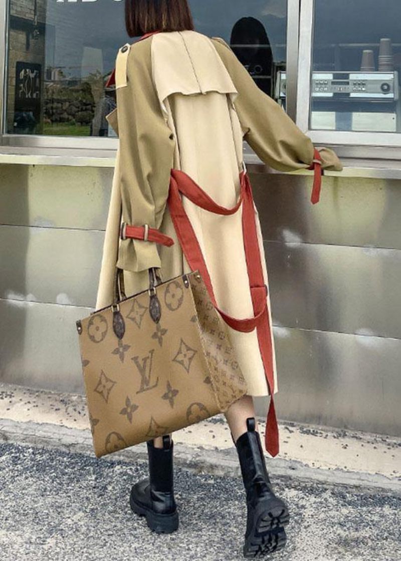 Håndlavede Khaki Lommer Patchwork Knap Fall Tie Talje Langærmede Coattrench Coats - Dame trenchcoats