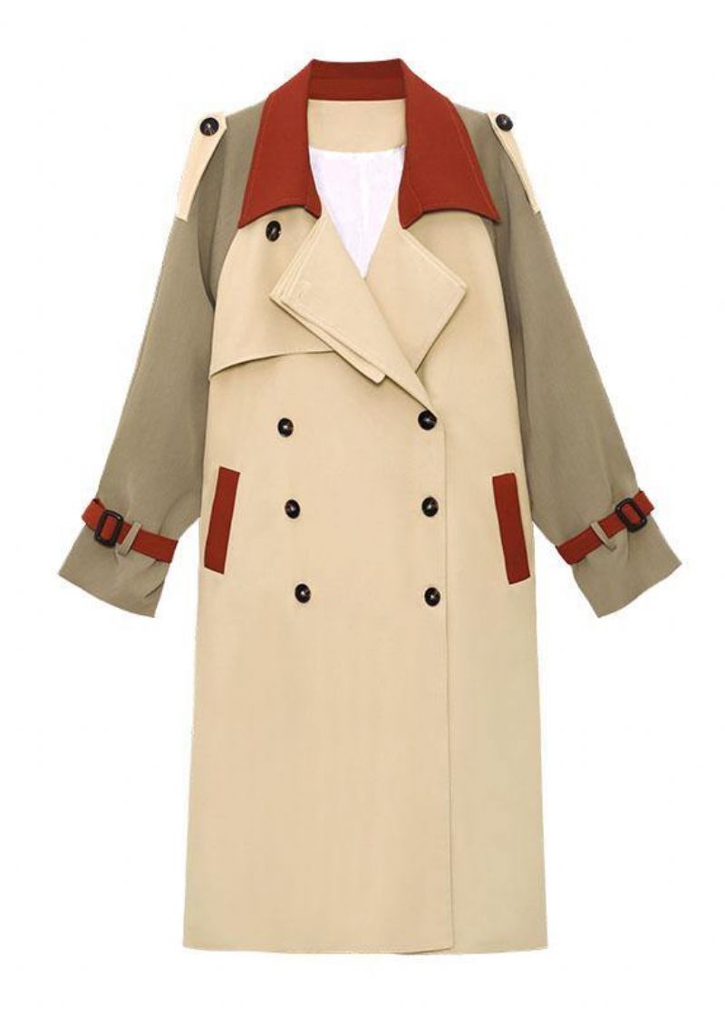 Håndlavede Khaki Lommer Patchwork Knap Fall Tie Talje Langærmede Coattrench Coats - Dame trenchcoats